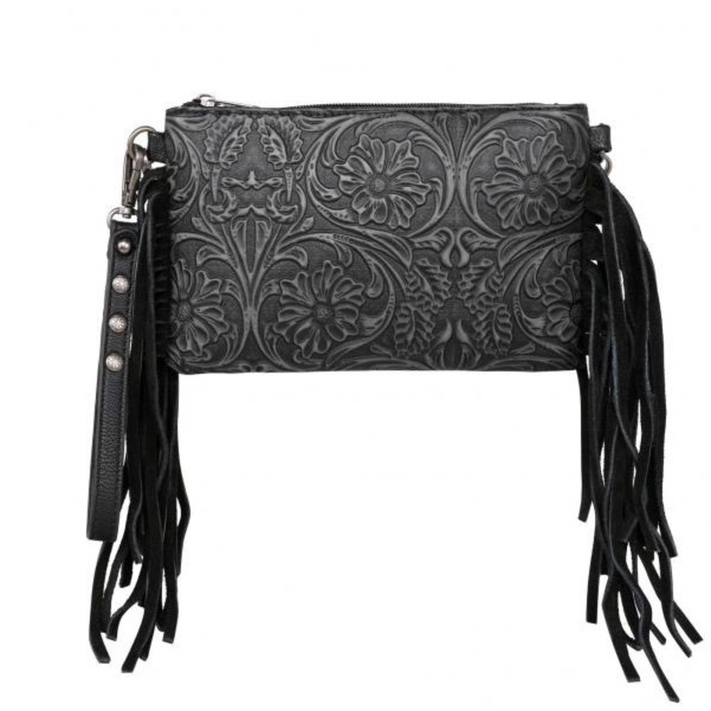 Montana West Black Tooled Fringe Crossbody Bag